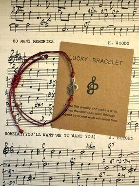 Music Wish Bracelet Stainless Steel Treble Clef Burgundy Red Woven Cord